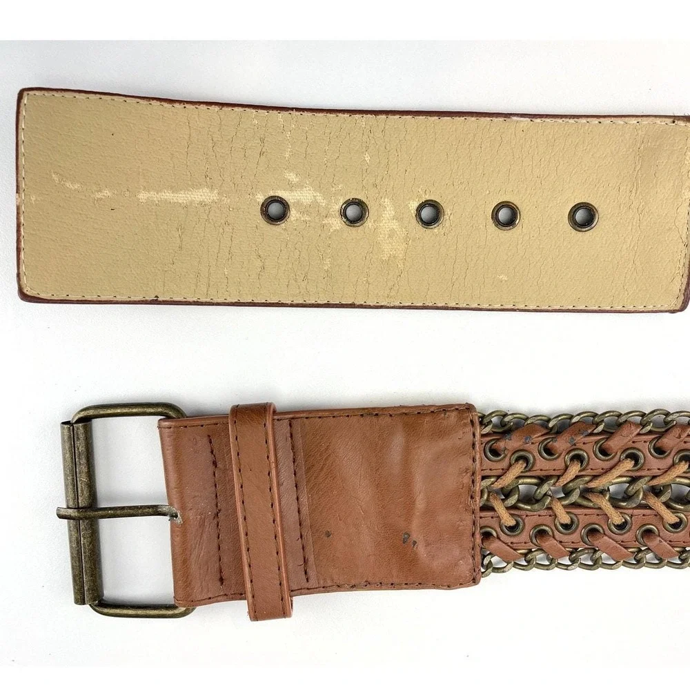Vintage Boho 90s‎ Womens (32) Wide Brass Chain Leather Lacing Tan Belt Western